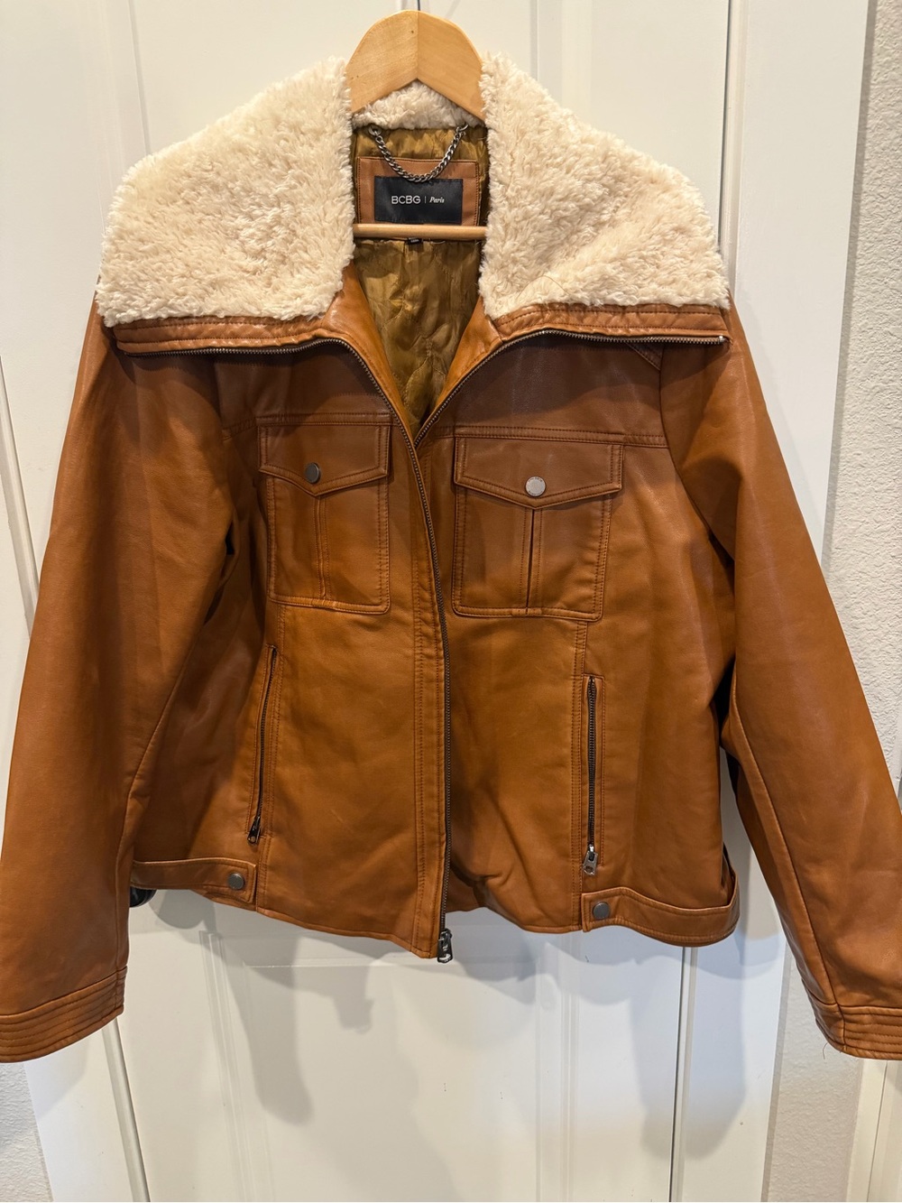 BCBG Tan Leather Jacket with faux Shearling Collar
